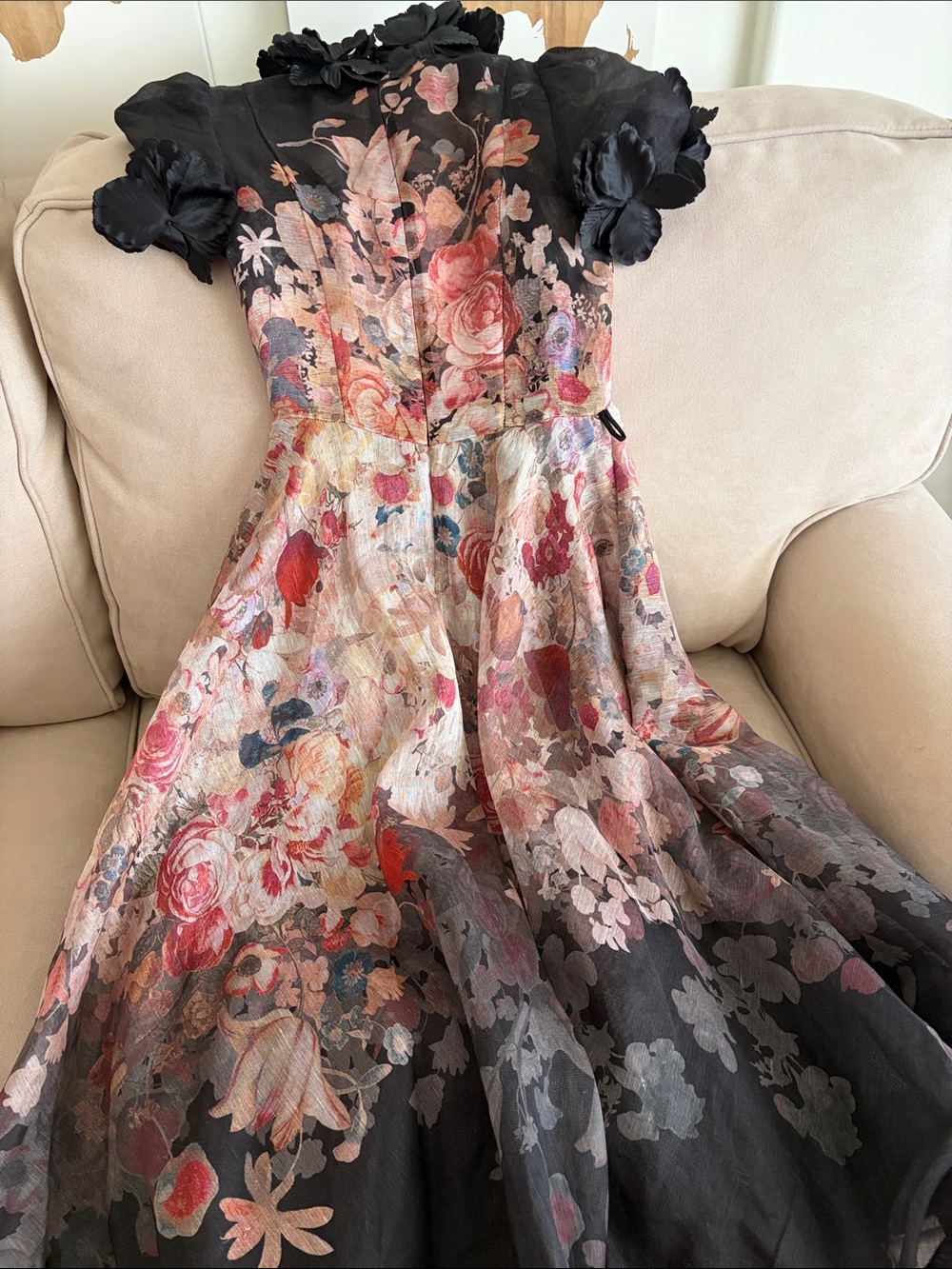 Zimmermann Black Floral Midi Dress with Pink and Cream Bouquet - Picture 3 of 6